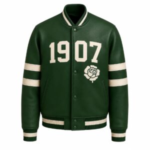 Front View Of Port Springrose Elizabeth Leather Jacket Featuring 1907 lettering, Springrose patch, and snap button closure.