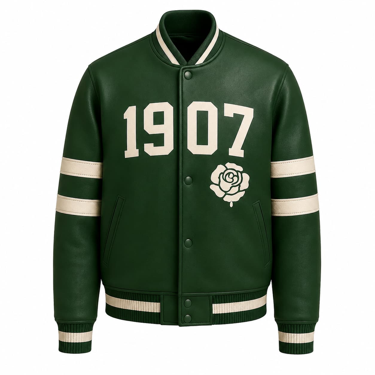 Port-Springrose-Elizabeth-Leather-Jacket-Front-Image Front View Of Port Springrose Elizabeth Leather Jacket Featuring 1907 lettering, Springrose patch, and snap button closure.