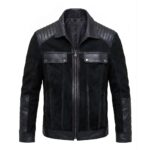 Front View of Ryan Black Leather Jacket Featuring shirt collar, YKK zipper closure, flap chest pockets, and waist pockets.
