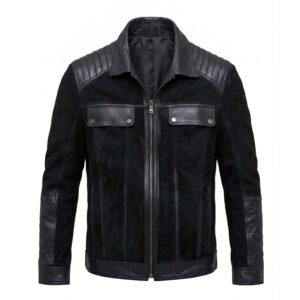 Front View of Ryan Black Leather Jacket Featuring shirt collar, YKK zipper closure, flap chest pockets, and waist pockets.