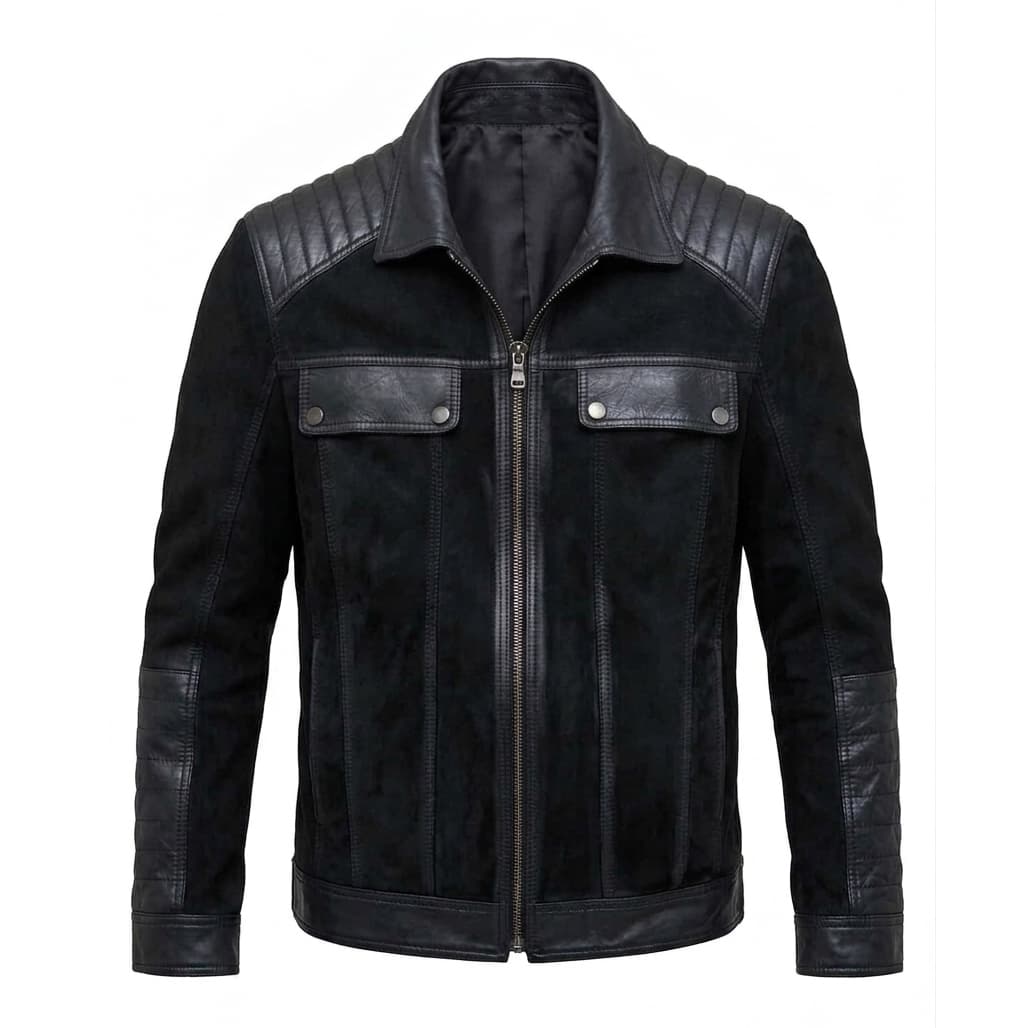 Ryan-Black-Leather-Jacket-Front-Image Front View of Ryan Black Leather Jacket Featuring shirt collar, YKK zipper closure, flap chest pockets, and waist pockets.