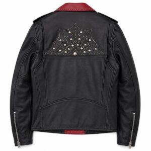 Back View Of Studded Biker Leather Jacket featuring bold studded detailing and a classic biker design in premium leather.