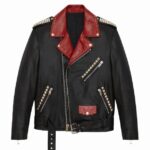 Front View Of Studded Biker Leather Jacket Featuring notch lapel collar, YKK asymmetrical zipper, zipper pockets, and adjustable waist belt.