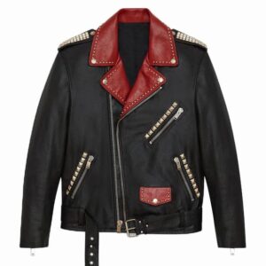 Front View Of Studded Biker Leather Jacket Featuring notch lapel collar, YKK asymmetrical zipper, zipper pockets, and adjustable waist belt.