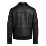 Back View Of Tony Contrast Black Leather Jacket Featuring Rib-Knit Waistband with button cuffs.