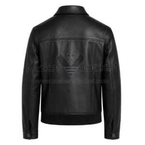 Back View Of Tony Contrast Black Leather Jacket Featuring Rib-Knit Waistband with button cuffs.