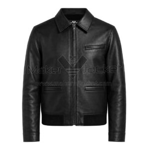 Front View Of Tony Contrast Black Leather Jacket Featuring Shirt Collar and YKK Zipper Closure.