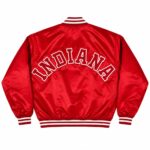 Back View Of University of Indiana satin jacket featuring featuring bold INDIANA lettering on premium red satin with rib-knit waistband.