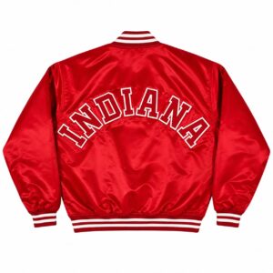 Back View Of University of Indiana satin jacket featuring featuring bold INDIANA lettering on premium red satin with rib-knit waistband.