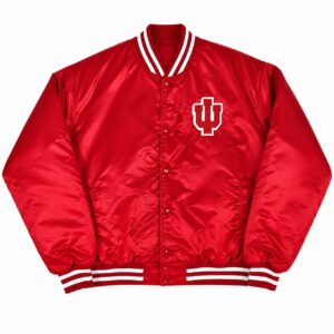 Front View oF University of Indiana satin jacket IU Hoosiers logo, snap button closure, rib-knit collar, and side diagonal pockets.
