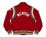 Back View Of Vintage Co-Champions Varsity Jacket featuring bold MENTOR lettering and classic red, black, and white varsity design.