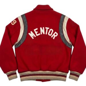 Back View Of Vintage Co-Champions Varsity Jacket featuring bold MENTOR lettering and classic red, black, and white varsity design.