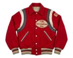 Front View of Vintage Co-Champions Varsity Jacket Featuring shirt collar, snap button closure, and F.W.C. Co-Champions 1962 chest patch.