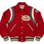 Front View of Vintage Co-Champions Varsity Jacket Featuring shirt collar, snap button closure, and F.W.C. Co-Champions 1962 chest patch.