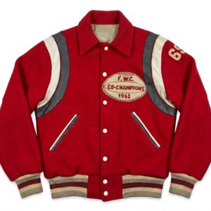 Front View of Vintage Co-Champions Varsity Jacket Featuring shirt collar, snap button closure, and F.W.C. Co-Champions 1962 chest patch.