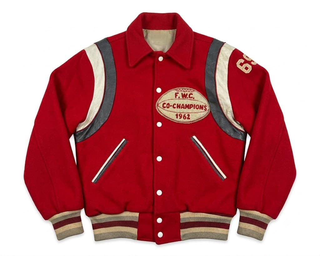 Vtg-Co-Champions-Varsity-Jacket-Front-Image Front View of Vintage Co-Champions Varsity Jacket Featuring shirt collar, snap button closure, and F.W.C. Co-Champions 1962 chest patch.
