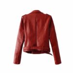 Back View Of Women Red Biker Jacket Featuring Adjustable Waist Belt and Leather Finish.