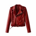 front View Of Women Red Biker Jacket Featuring Notch Lapel Collar and YKK Zipper.