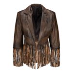 Front View Of Brown Leather Fringe Jacket Featuring Notch Lapel Collar and Open Front Design.