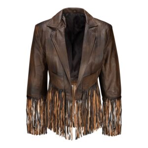 Front View Of Brown Leather Fringe Jacket Featuring Notch Lapel Collar and Open Front Design.