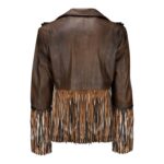 Back View Of Brown Leather Fringe Jacket Featuring All-Over Fringe Detailing.