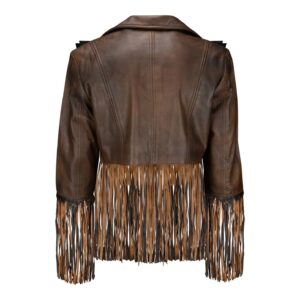 Back View Of Brown Leather Fringe Jacket Featuring All-Over Fringe Detailing.
