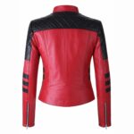 Back View Of Women's Red Black Biker Jacket Featuring Quilted Shoulder Design and Zipper Cuffs.