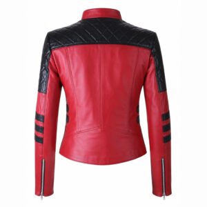 Back View Of Women's Red Black Biker Jacket Featuring Quilted Shoulder Design and Zipper Cuffs.