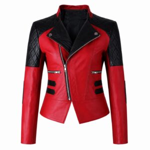 Front View Of Women's Red Black Biker Jacket Featuring Quilted Shoulders and Asymmetrical YKK Zipper.