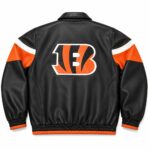 Back View Of Black Cincinnati Bengals Leather Jacket featuring the iconic Bengals logo on premium leather.