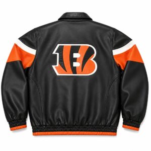 Back View Of Black Cincinnati Bengals Leather Jacket featuring the iconic Bengals logo on premium leather.