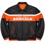 Front View Of Black Cincinnati Bengals Leather Jacket Featuring shirt-style collar, YKK zipper, and Cincinnati Bengals lettering.