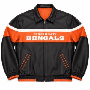 Front View Of Black Cincinnati Bengals Leather Jacket Featuring shirt-style collar, YKK zipper, and Cincinnati Bengals lettering.