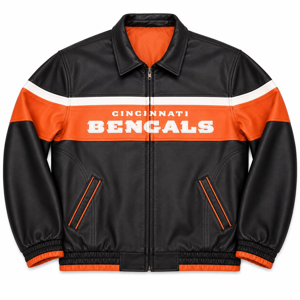Black-Cincinnati-Bengals-Leather-Jacket-Front-Image Front View Of Black Cincinnati Bengals Leather Jacket Featuring shirt-style collar, YKK zipper, and Cincinnati Bengals lettering.