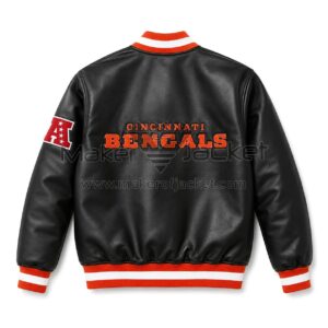 Back View Of Cincinnati Bengals Black Leather Jacket featuring bold CINCINNATI BENGALS lettering on premium black leather.