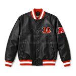 Front View Of Cincinnati Bengals Black Leather Jacket Featuring snap button closure, rib-knit collar, Bengals logo on chest, and AFC patch on sleeve.