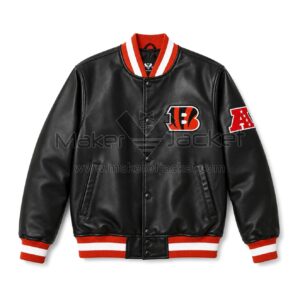 Front View Of Cincinnati Bengals Black Leather Jacket Featuring snap button closure, rib-knit collar, Bengals logo on chest, and AFC patch on sleeve.