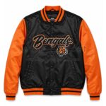 Front View of Cincinnati Bengals Satin Bomber Jacket Featuring Bengals lettering and Cincinnati Bengals primary logo.