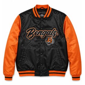 Front View of Cincinnati Bengals Satin Bomber Jacket Featuring Bengals lettering and Cincinnati Bengals primary logo.