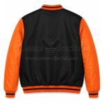 Back View of Cincinnati Bengals Satin Bomber Jacket Featuring black and orange satin with classic bomber design and rib-knit details.