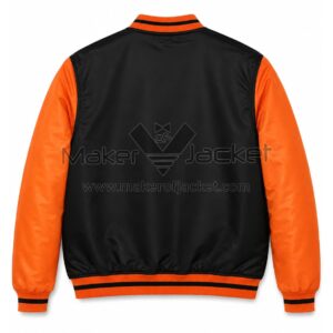 Back View of Cincinnati Bengals Satin Bomber Jacket Featuring black and orange satin with classic bomber design and rib-knit details.