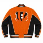Back View Of Cincinnati Bengals Suede Bomber Jacket Featuring a large Cincinnati Bengals logo and classic bomber design.