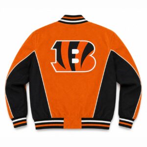 Back View Of Cincinnati Bengals Suede Bomber Jacket Featuring a large Cincinnati Bengals logo and classic bomber design.