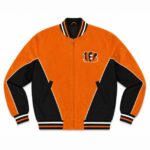 Front View Of Cincinnati Bengals Suede Bomber Jacket Featuring rib-knit collar, YKK zipper, and Bengals logo on the left chest.