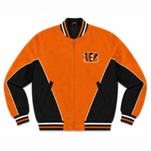 Front View Of Cincinnati Bengals Suede Bomber Jacket Featuring rib-knit collar, YKK zipper, and Bengals logo on the left chest.