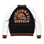 Back View of Cincinnati Bengals Wool Leather Jacket Featuring CINCINNATI BENGALS text and Bengals helmet logo.