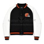 Front View of Cincinnati Bengals Wool Leather Jacket Featuring Bengals helmet logo on left chest.