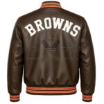 Back View Of Cleveland Browns 1950 Leather Jacket featuring bold BROWNS lettering.