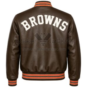 Back View Of Cleveland Browns 1950 Leather Jacket featuring bold BROWNS lettering.