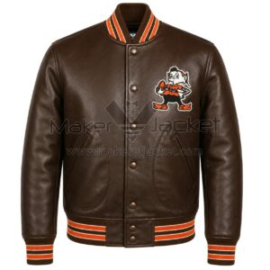 Front View of Cleveland Browns 1950 Leather Jacket Featuring black and orange with Browns cartoon logo.
